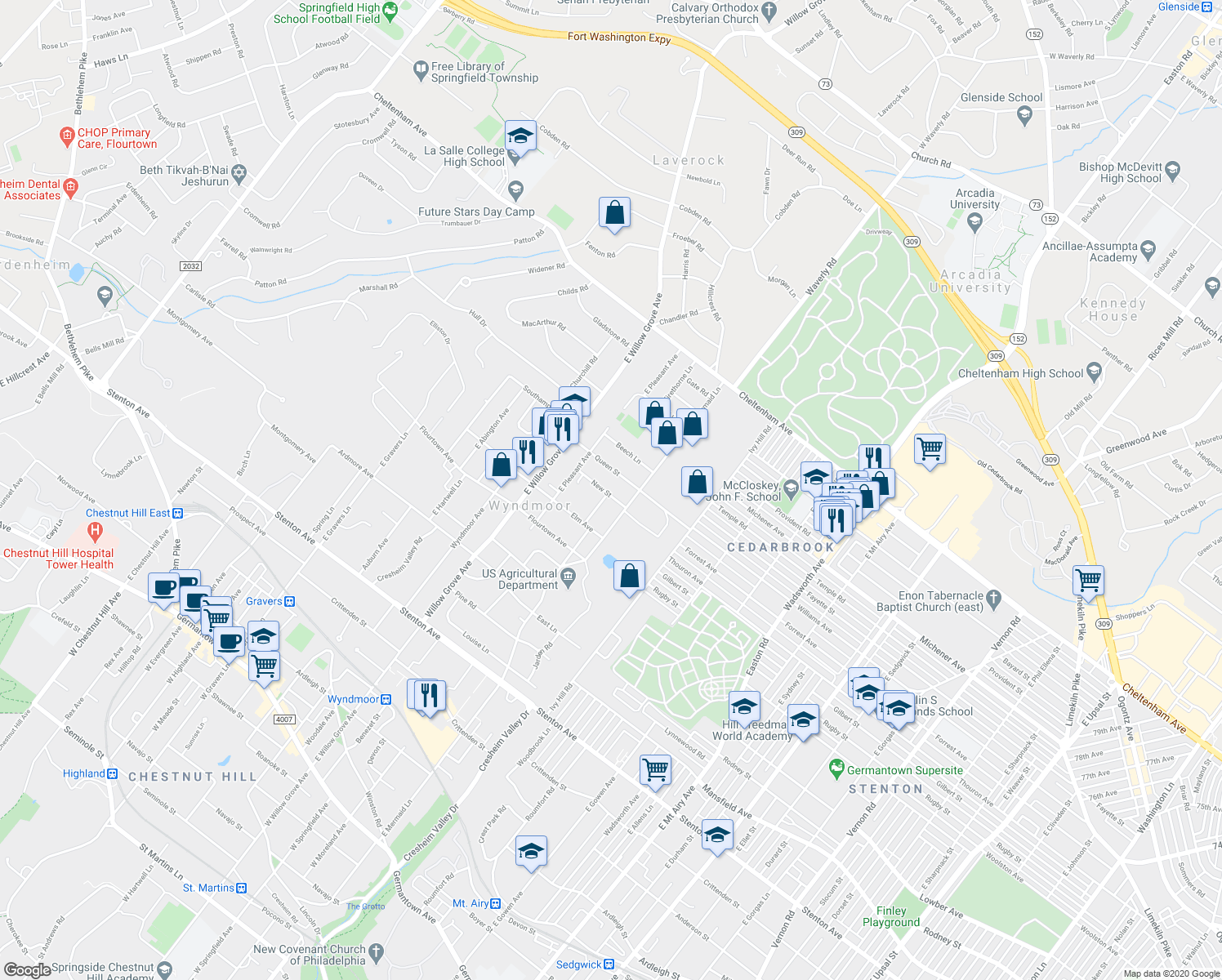map of restaurants, bars, coffee shops, grocery stores, and more near 7715 New Street in Wyndmoor
