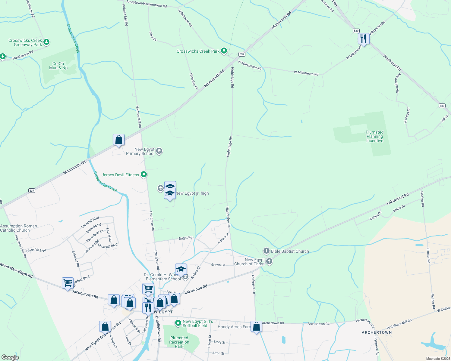 map of restaurants, bars, coffee shops, grocery stores, and more near 49 Highbridge Rd in Plumsted Township