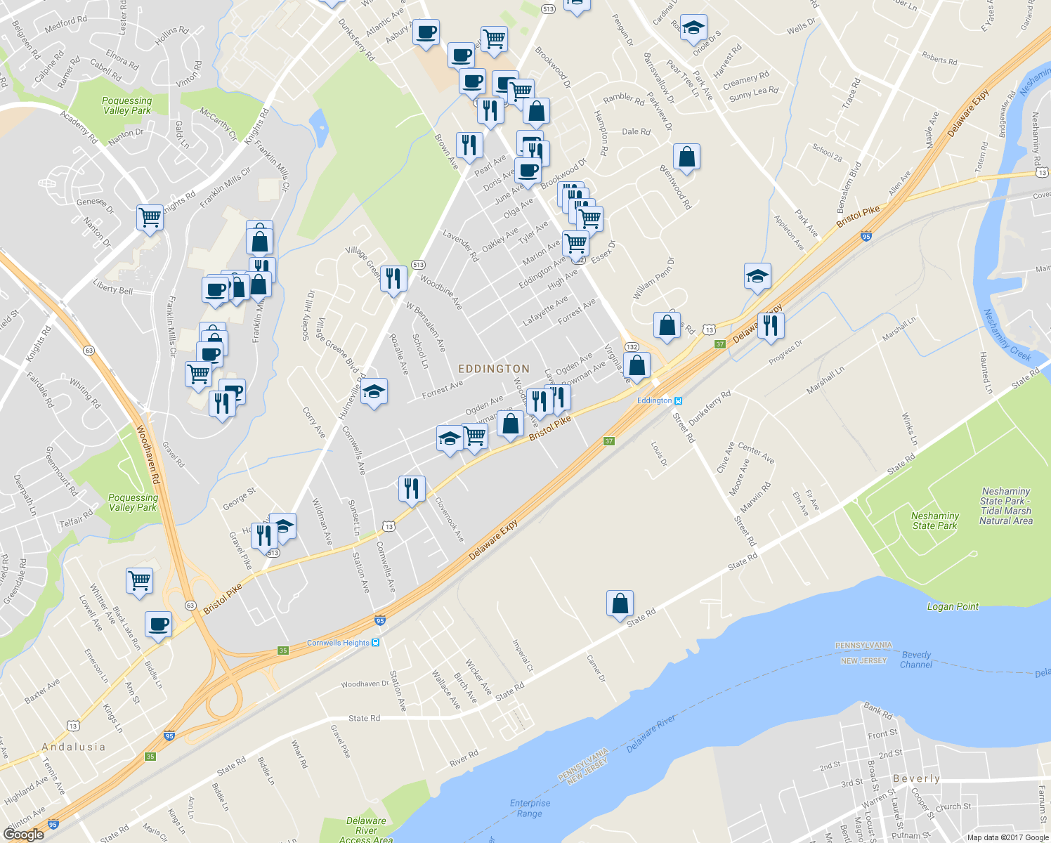 map of restaurants, bars, coffee shops, grocery stores, and more near 2591 Finley Avenue in Bensalem