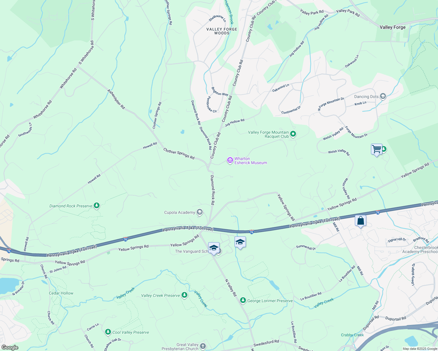 map of restaurants, bars, coffee shops, grocery stores, and more near 2175 Diamond Rock Road in Malvern