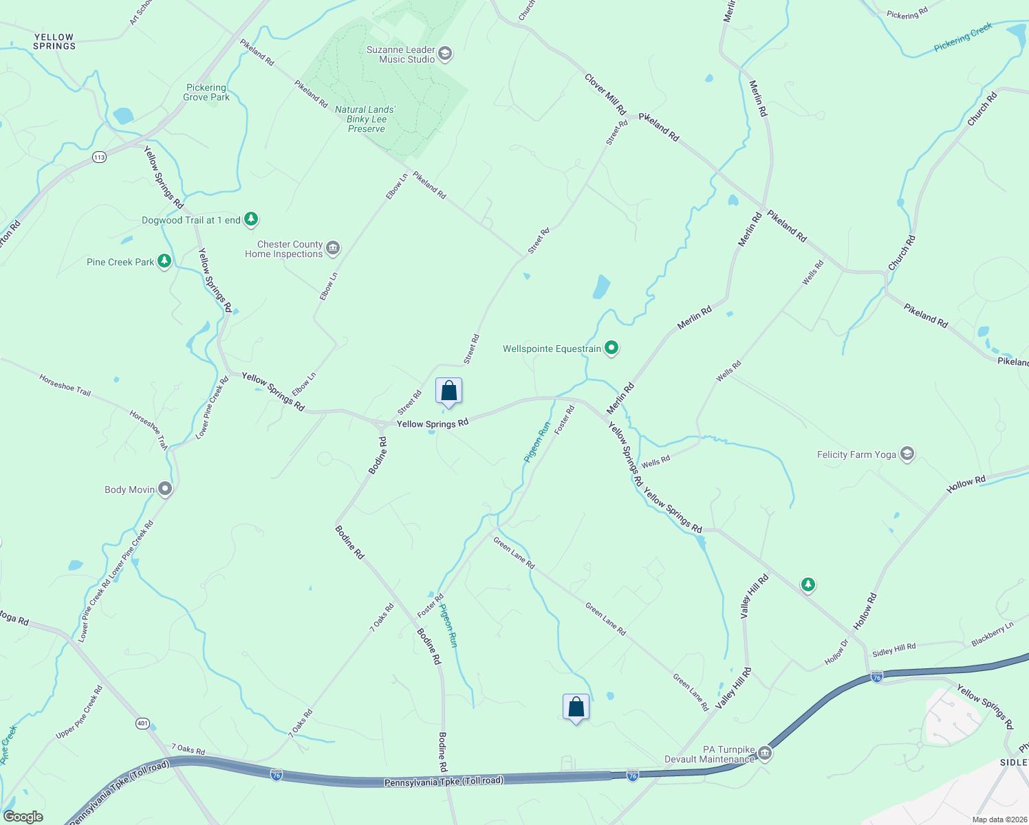 map of restaurants, bars, coffee shops, grocery stores, and more near 1104 Yellow Springs Road in Chester Springs