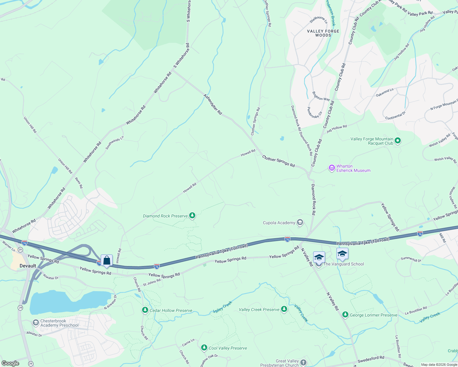 map of restaurants, bars, coffee shops, grocery stores, and more near 4219 Howell Road in Malvern