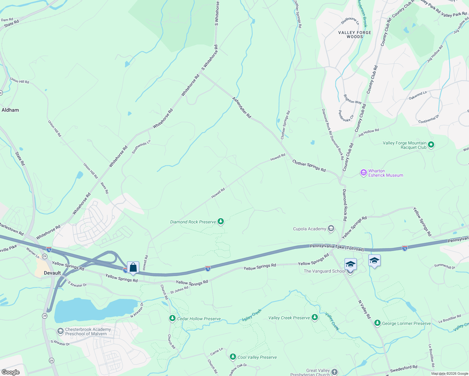 map of restaurants, bars, coffee shops, grocery stores, and more near 1 Wheelock Lane in Malvern