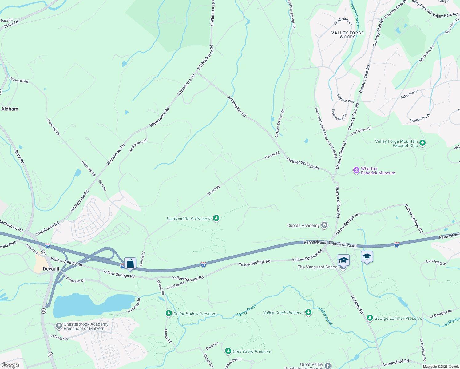 map of restaurants, bars, coffee shops, grocery stores, and more near 1 Wheelock Lane in Malvern