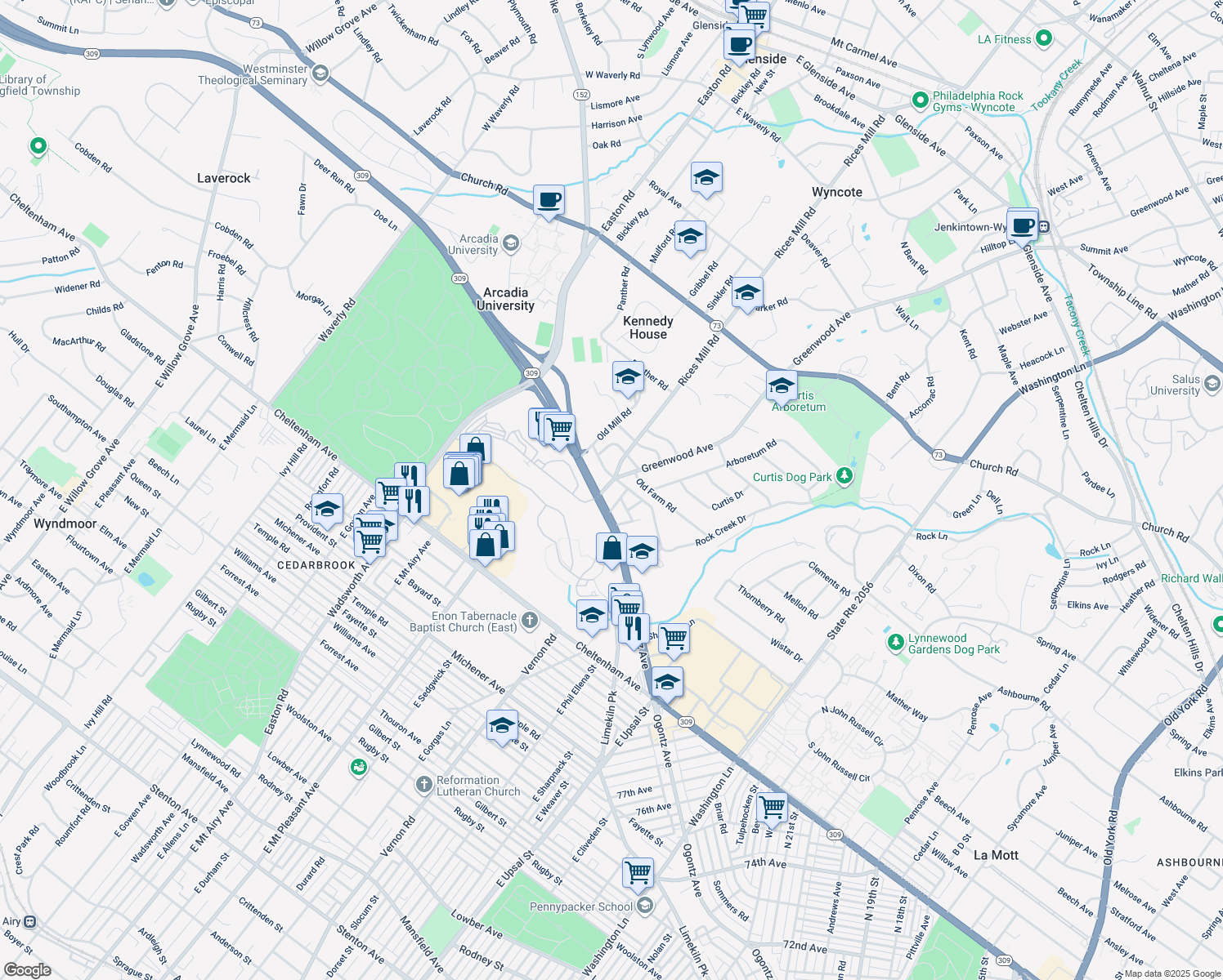 map of restaurants, bars, coffee shops, grocery stores, and more near 10 Greenwood Avenue in Wyncote