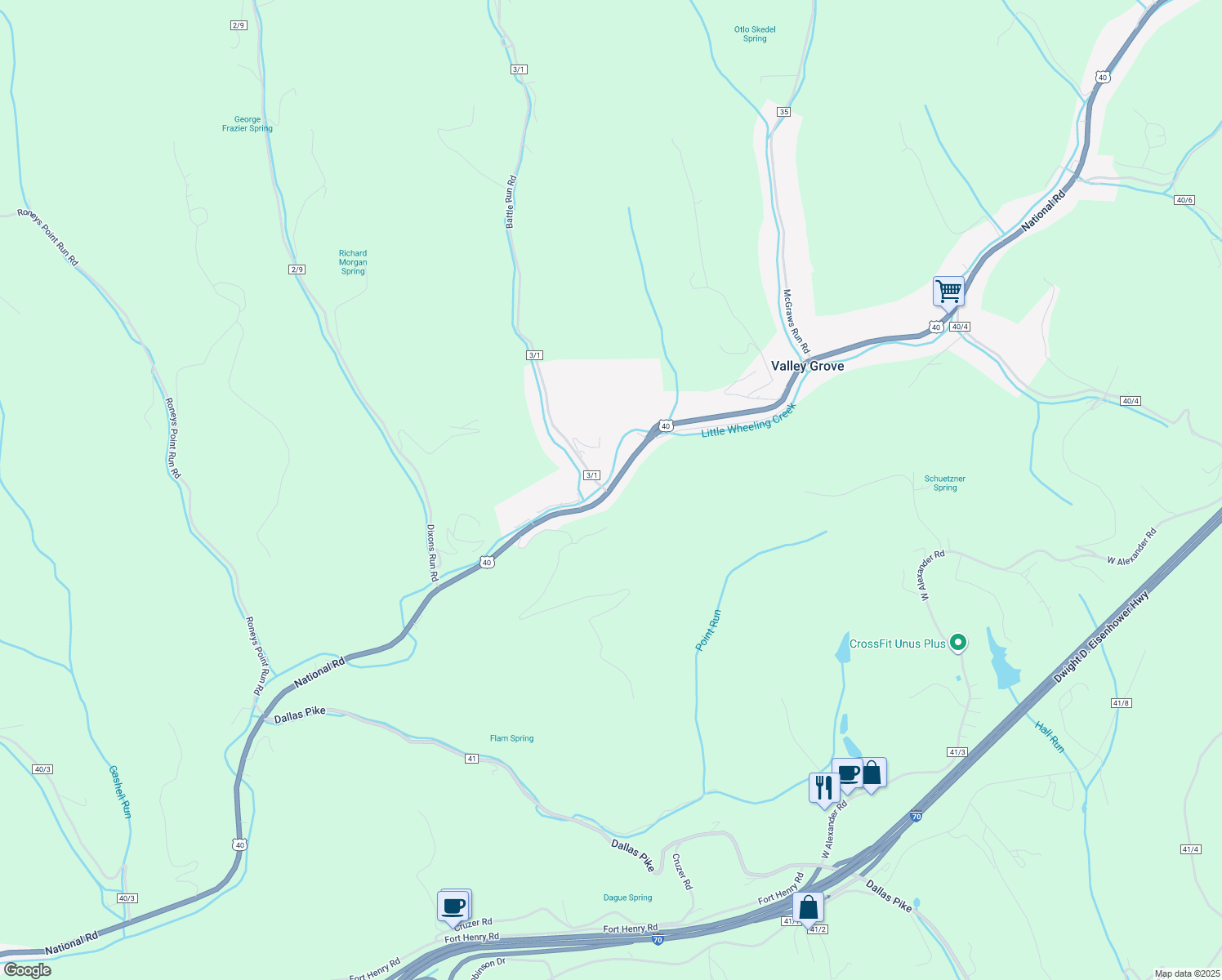 map of restaurants, bars, coffee shops, grocery stores, and more near 10570 National Road in Triadelphia