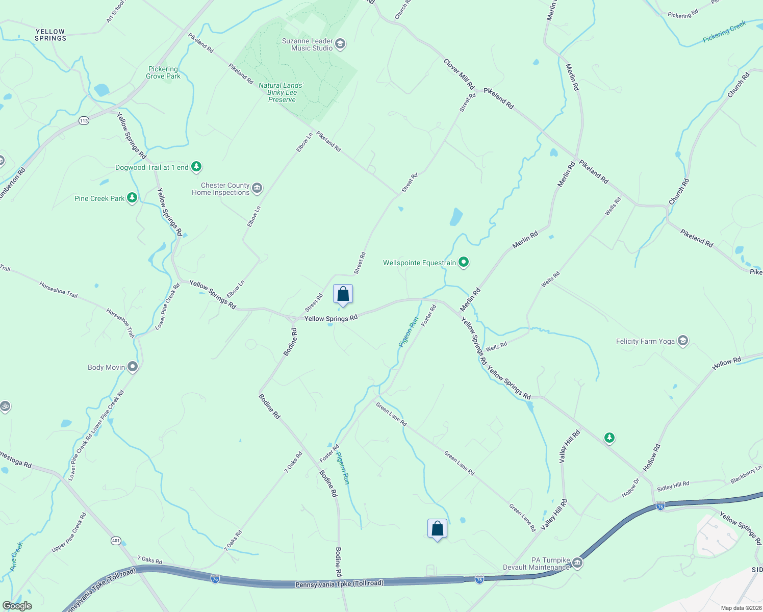 map of restaurants, bars, coffee shops, grocery stores, and more near 1104 Yellow Springs Road in Chester Springs