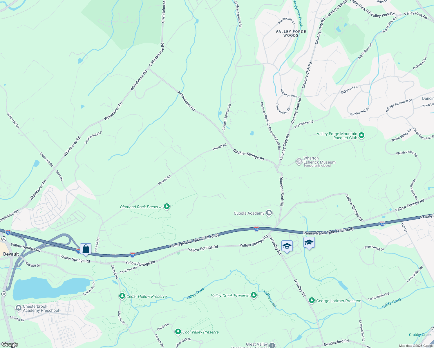 map of restaurants, bars, coffee shops, grocery stores, and more near 4219 Howell Road in Malvern