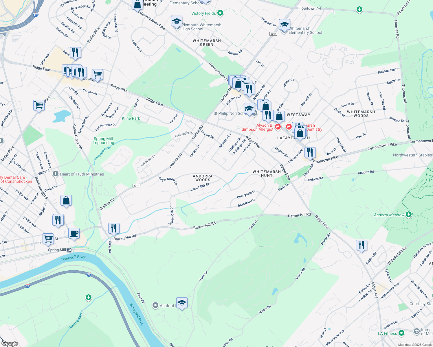map of restaurants, bars, coffee shops, grocery stores, and more near 26 Pear Tree Lane in Lafayette Hill