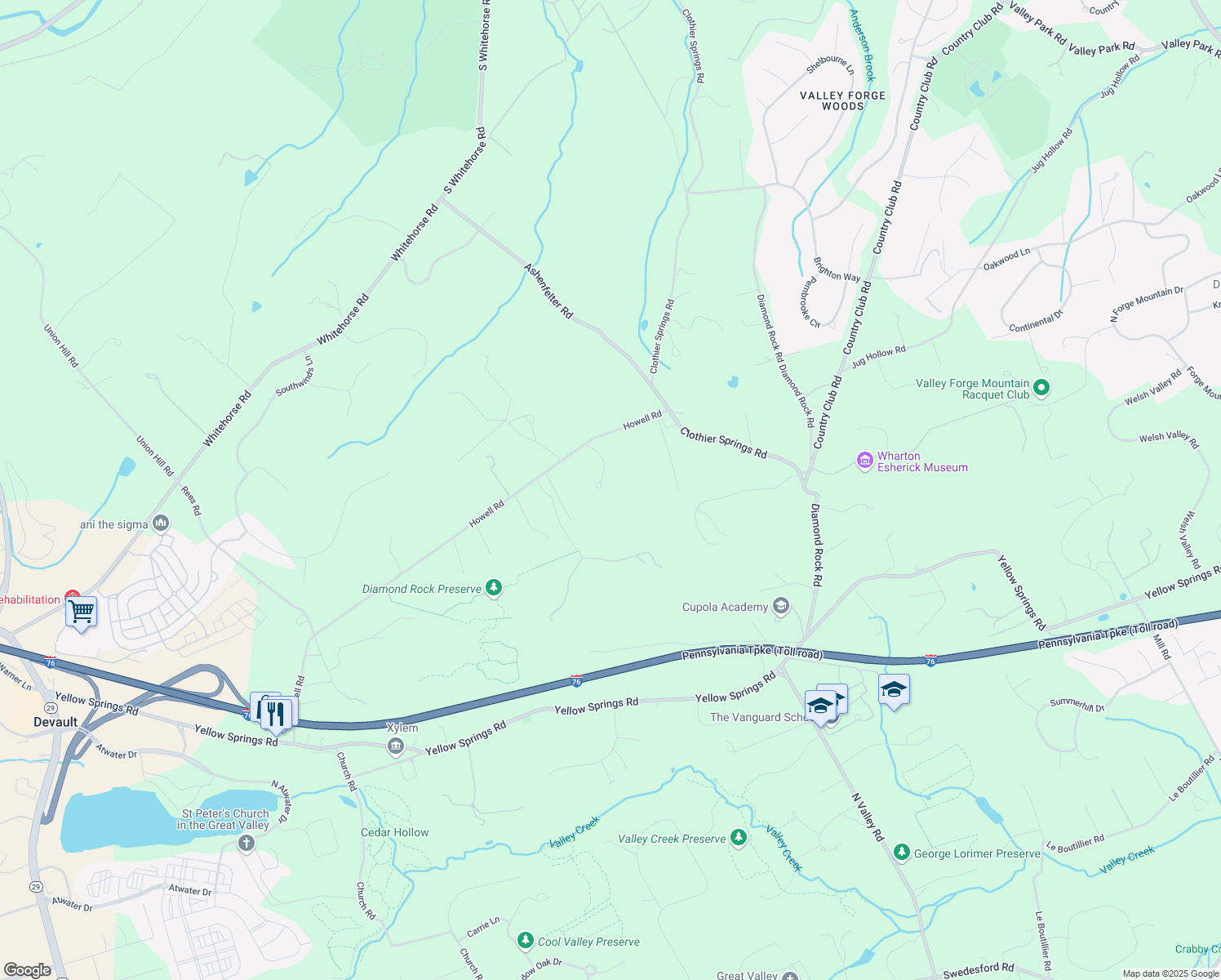 map of restaurants, bars, coffee shops, grocery stores, and more near 2 Heatherwood Drive in Malvern