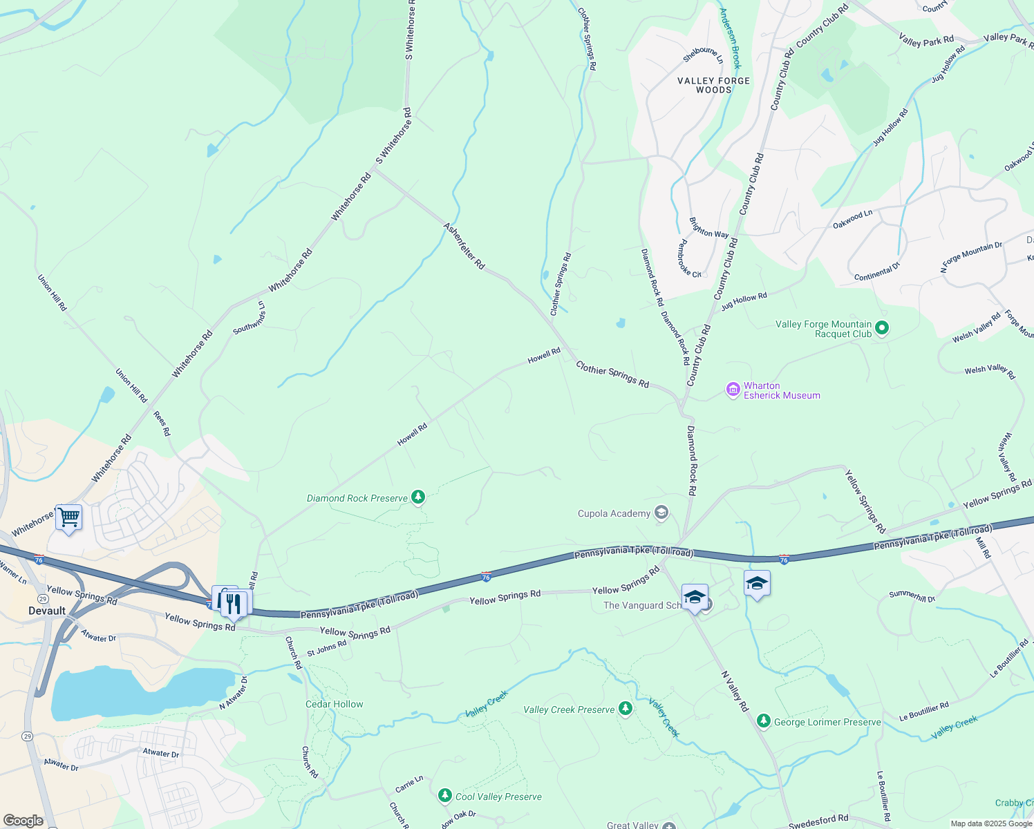 map of restaurants, bars, coffee shops, grocery stores, and more near 2 Heatherwood Drive in Malvern