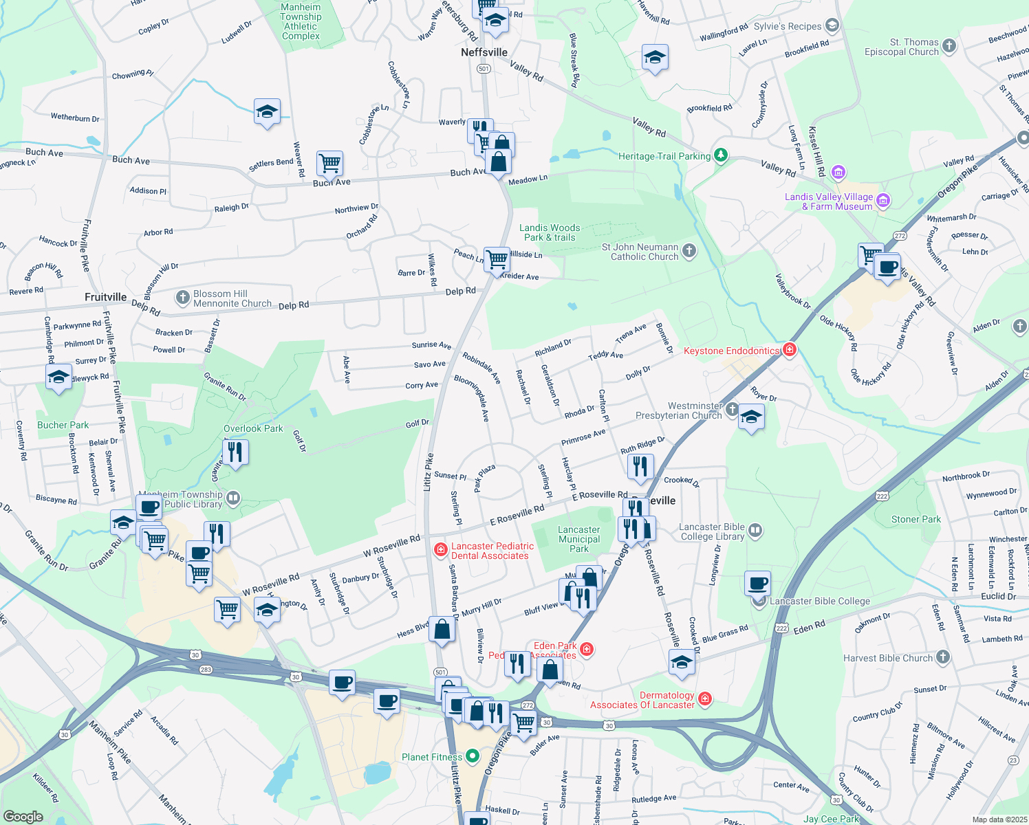 map of restaurants, bars, coffee shops, grocery stores, and more near 1919 Robindale Ave in Lancaster