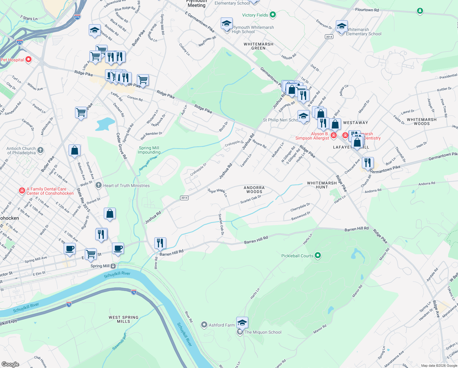 map of restaurants, bars, coffee shops, grocery stores, and more near 4 Pear Tree Ln in Lafayette Hill