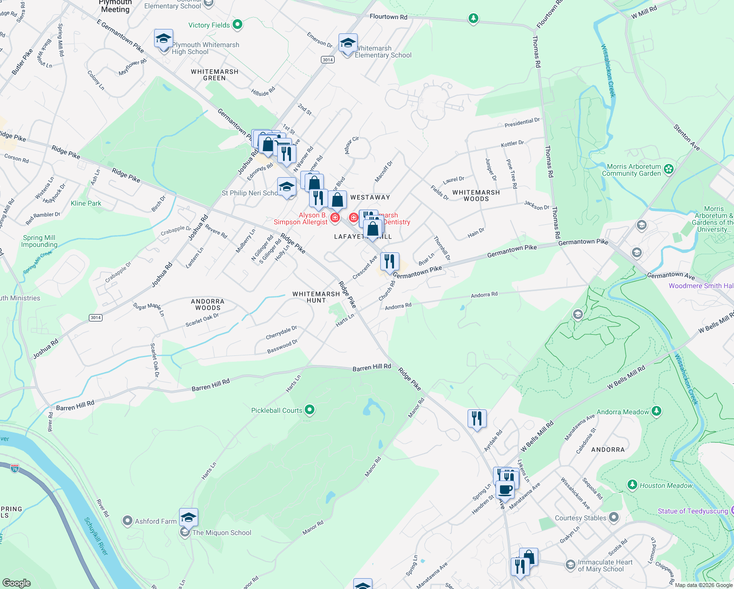 map of restaurants, bars, coffee shops, grocery stores, and more near 362 Ridge Pike in Lafayette Hill