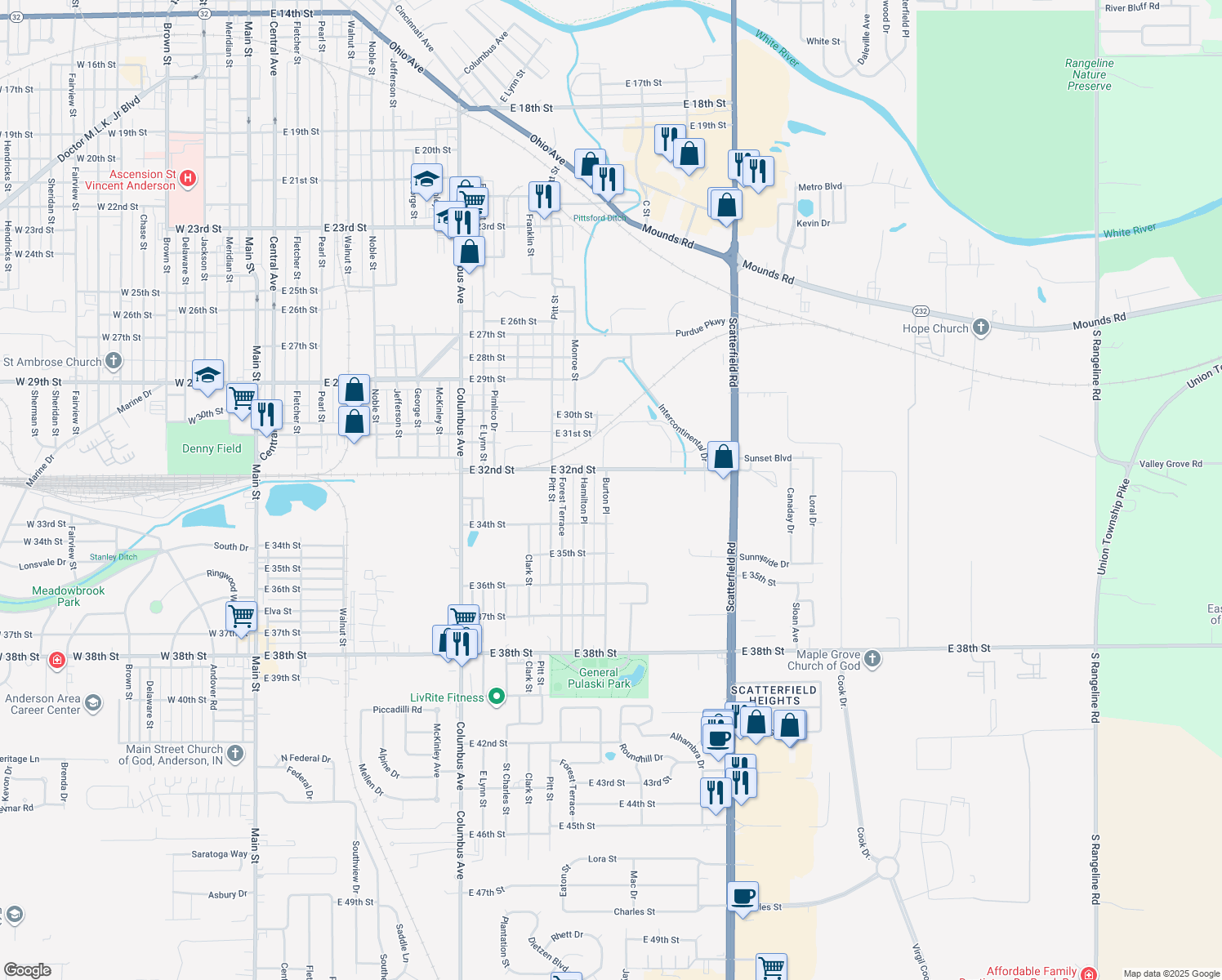 map of restaurants, bars, coffee shops, grocery stores, and more near 3208 Burton Place in Anderson