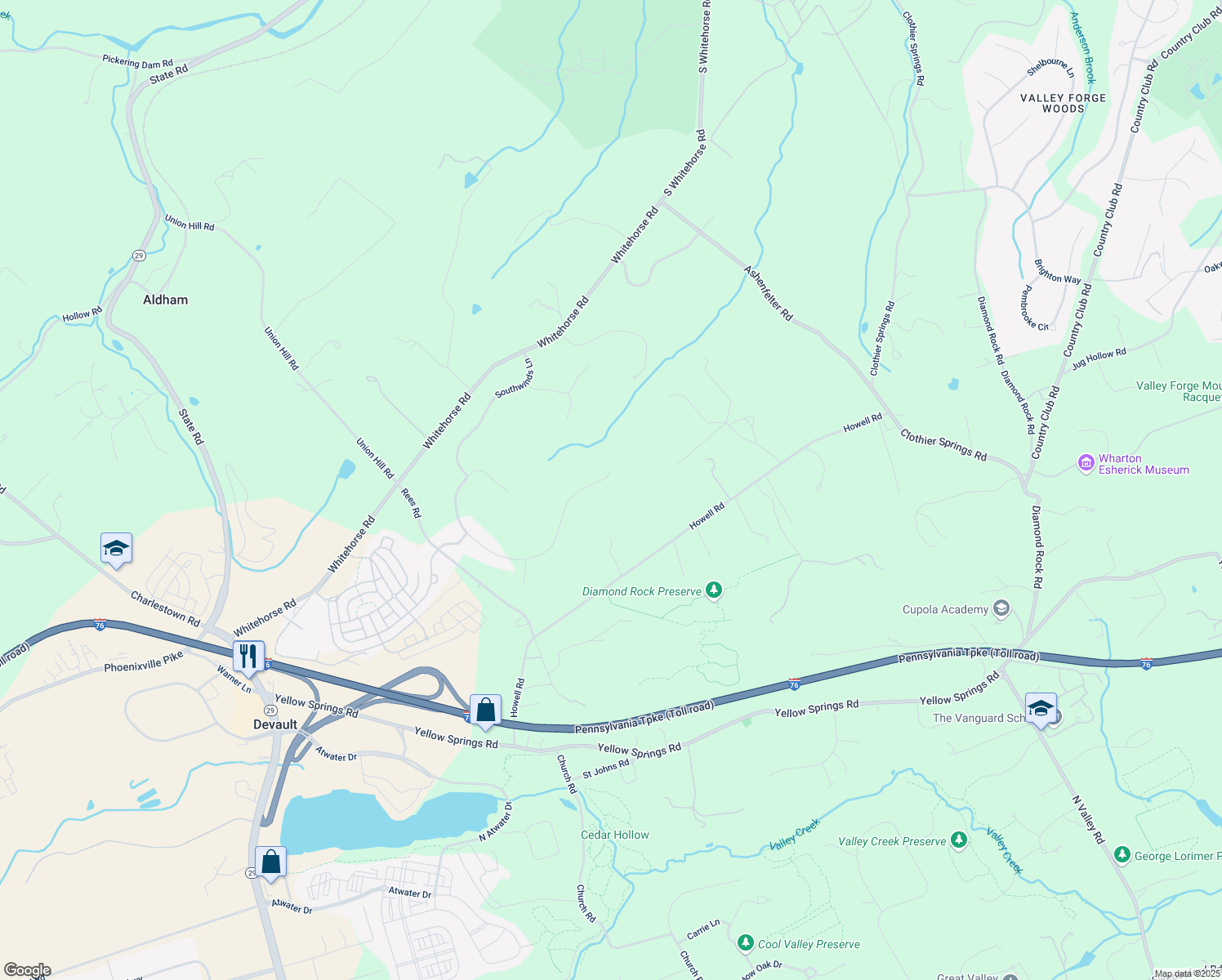 map of restaurants, bars, coffee shops, grocery stores, and more near 30 Great Woods Lane in Malvern
