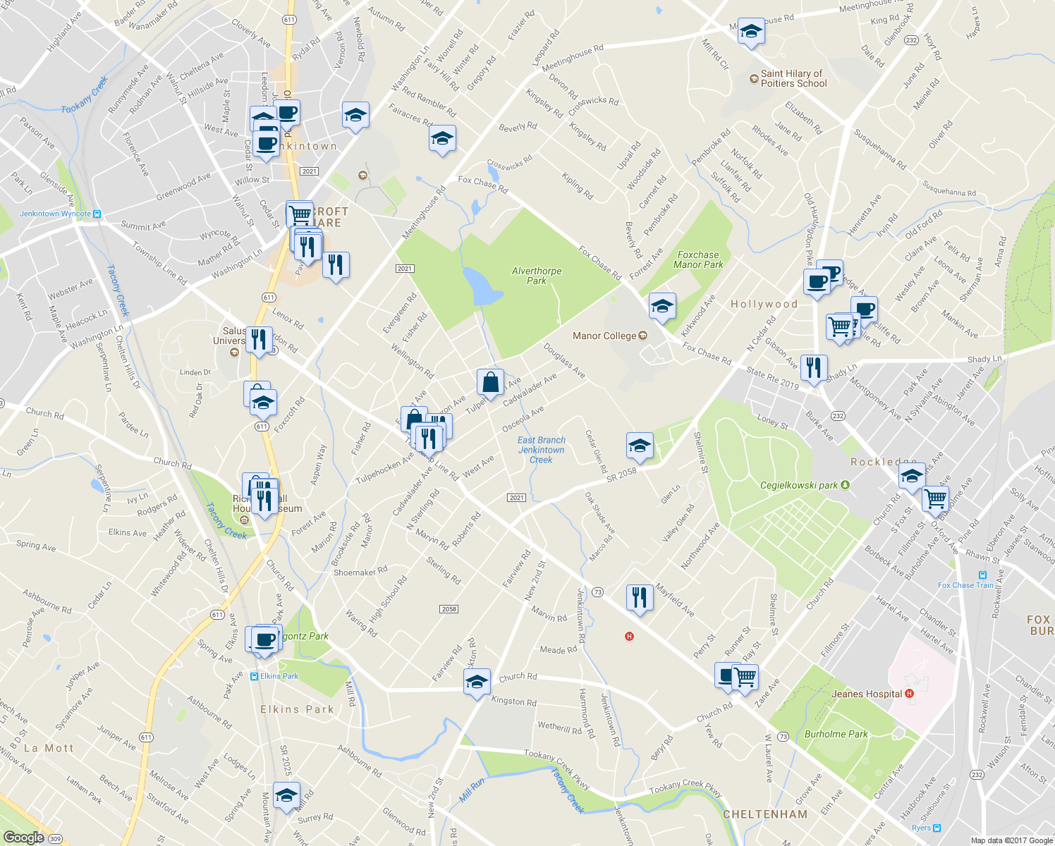 map of restaurants, bars, coffee shops, grocery stores, and more near 343 Osceola Avenue in Elkins Park