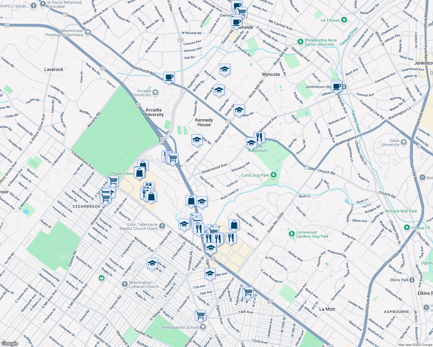 map of restaurants, bars, coffee shops, grocery stores, and more near 1111 Arboretum Rd in Wyncote