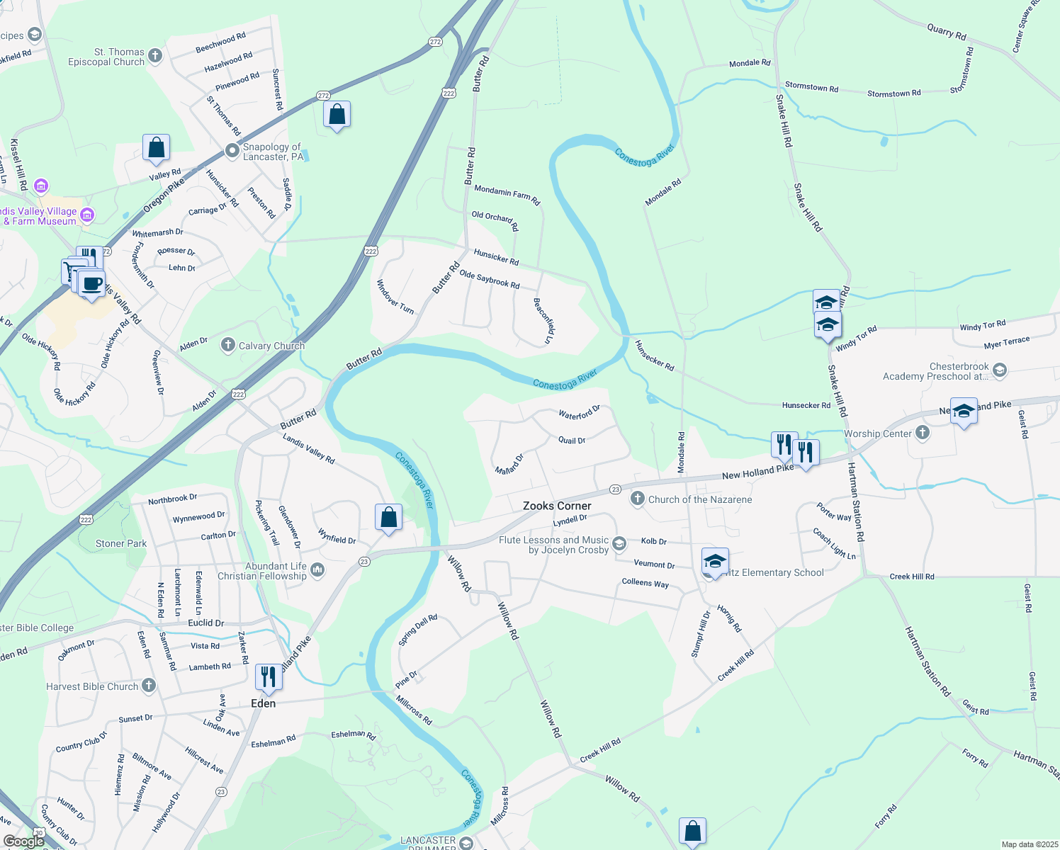 map of restaurants, bars, coffee shops, grocery stores, and more near 2112 Waterford Drive in Lancaster