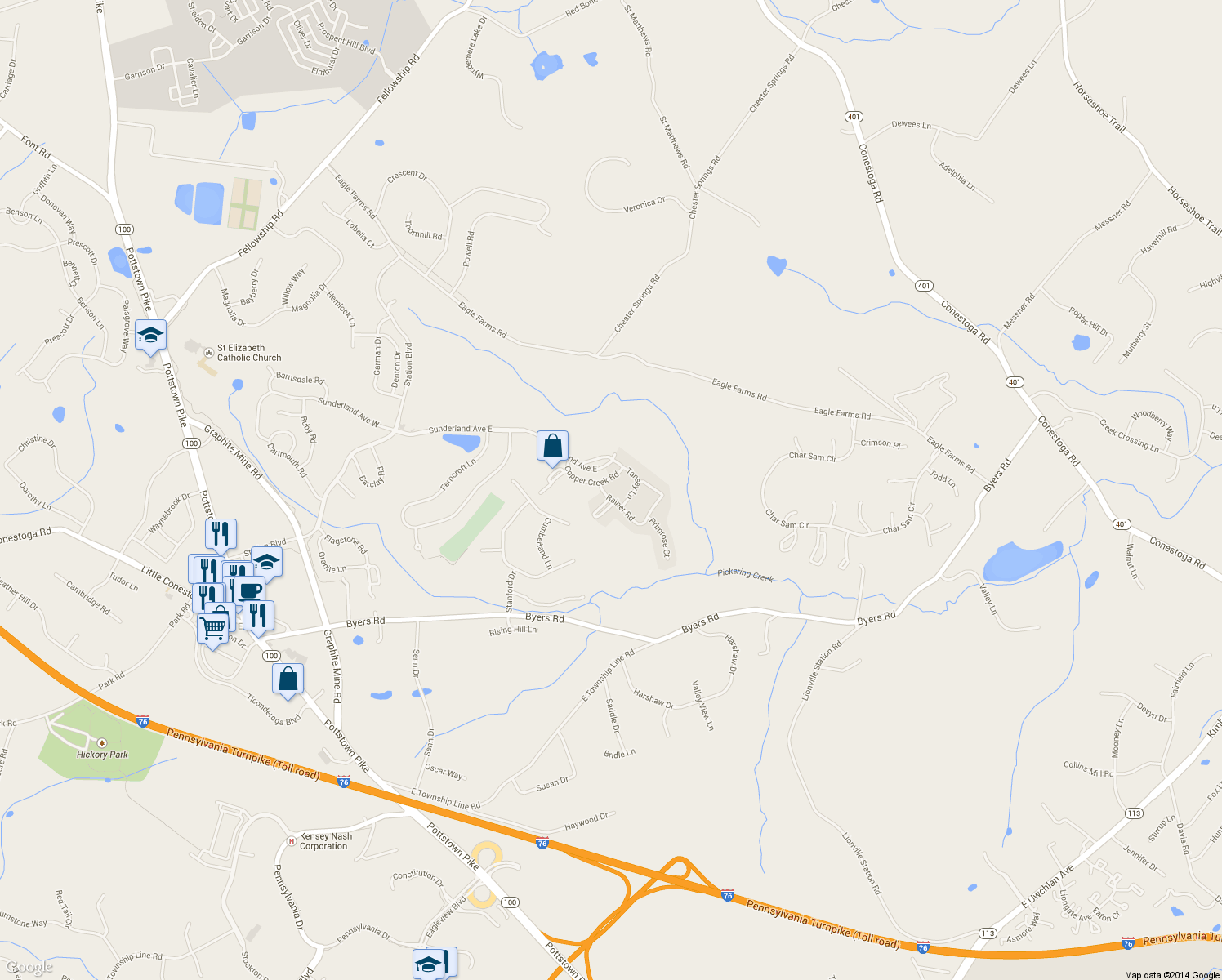 map of restaurants, bars, coffee shops, grocery stores, and more near 2505 Rainer Road in Chester Springs