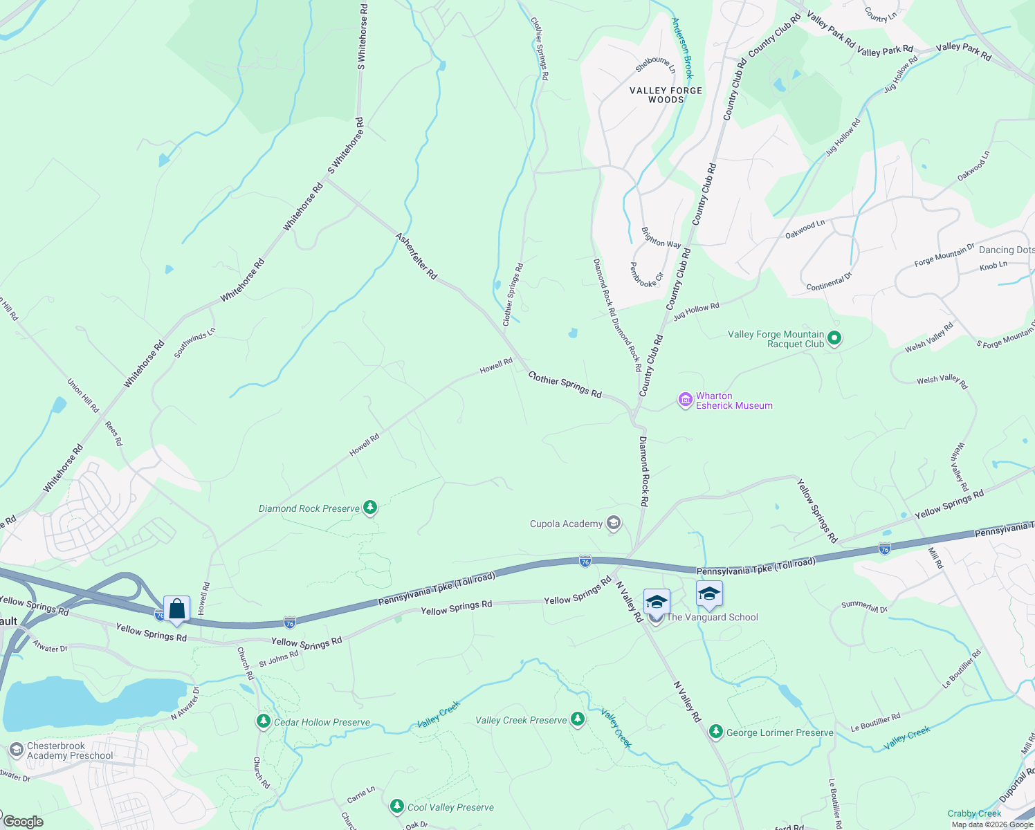map of restaurants, bars, coffee shops, grocery stores, and more near 30 Deer Crossing Lane in Malvern