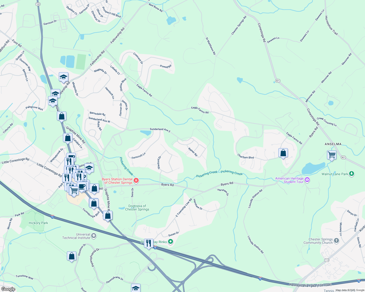 map of restaurants, bars, coffee shops, grocery stores, and more near 2414 Copper Creek Road in Chester Springs