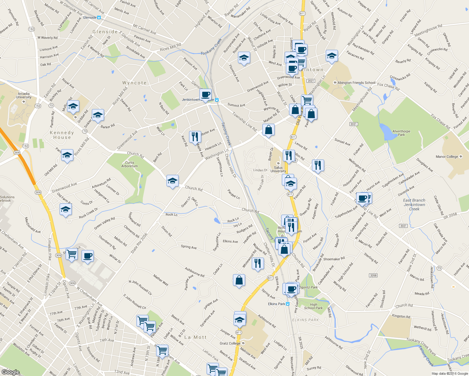 map of restaurants, bars, coffee shops, grocery stores, and more near 821 Pardee Lane in Wyncote