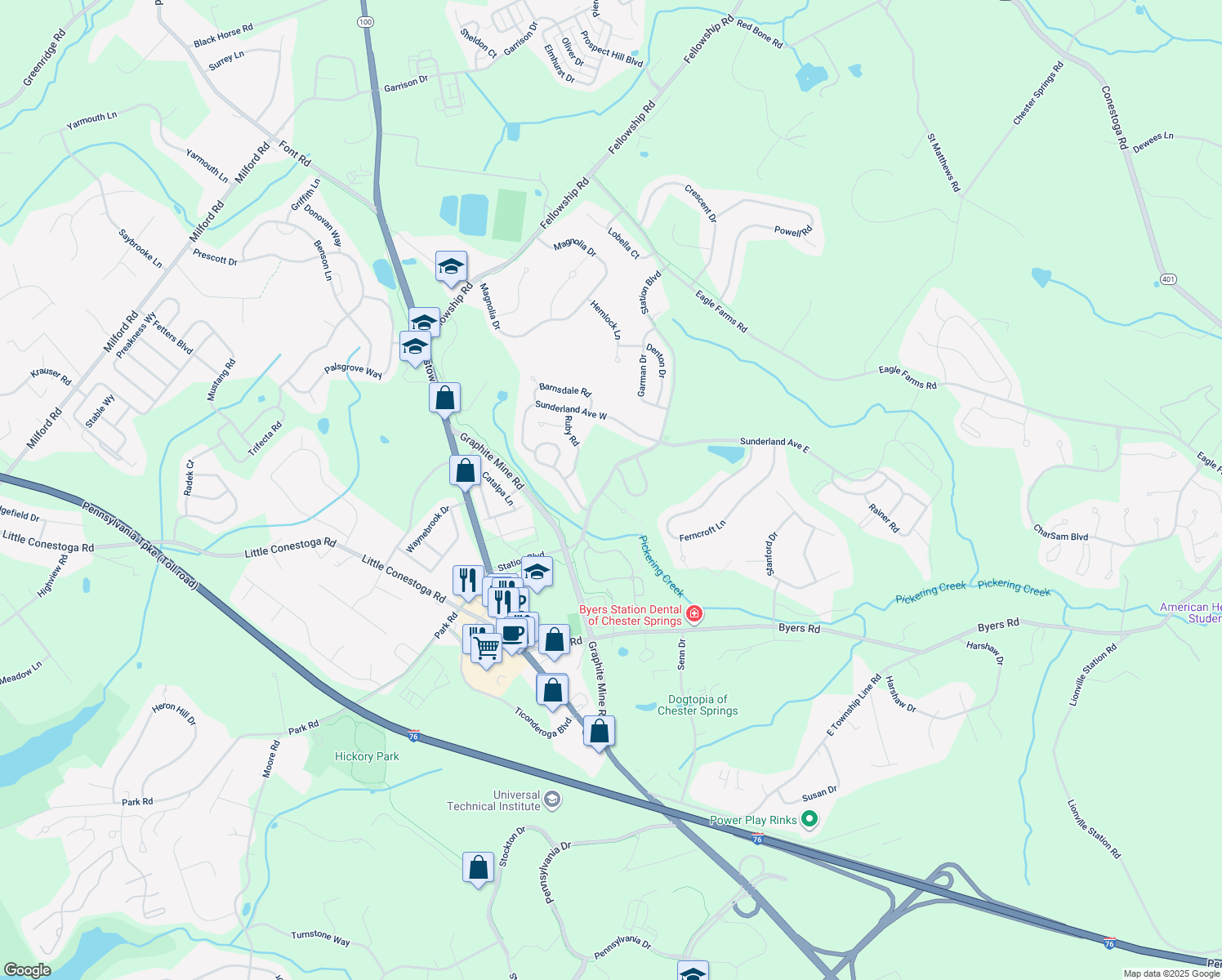 map of restaurants, bars, coffee shops, grocery stores, and more near 901 Dublin Way in Chester Springs