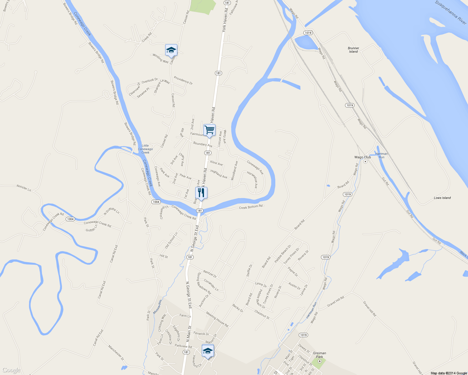 map of restaurants, bars, coffee shops, grocery stores, and more near 1190 Conewago Ave in Manchester