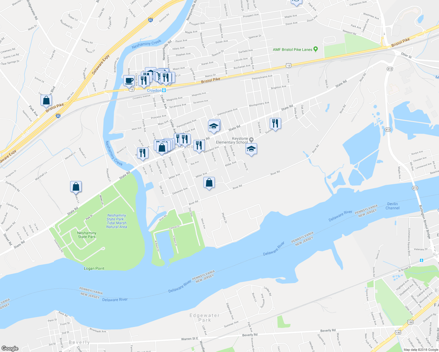 map of restaurants, bars, coffee shops, grocery stores, and more near 1024 Rosa Avenue in Croydon