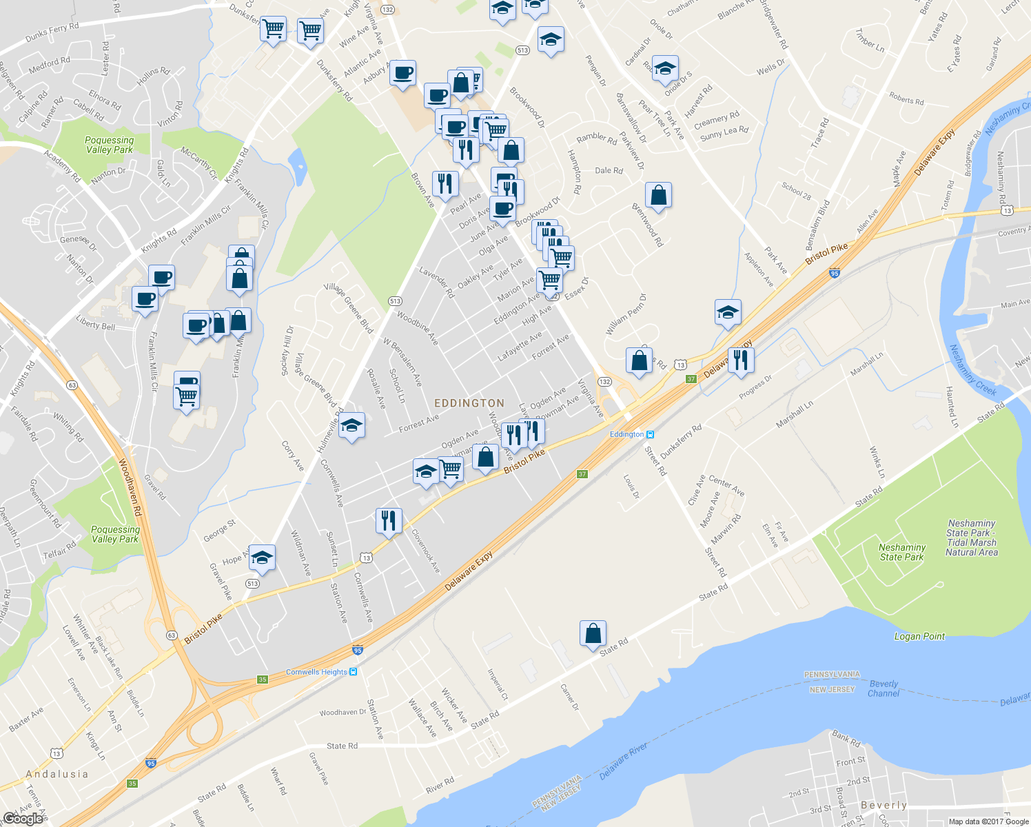 map of restaurants, bars, coffee shops, grocery stores, and more near 2687 Ogden Avenue in Bensalem