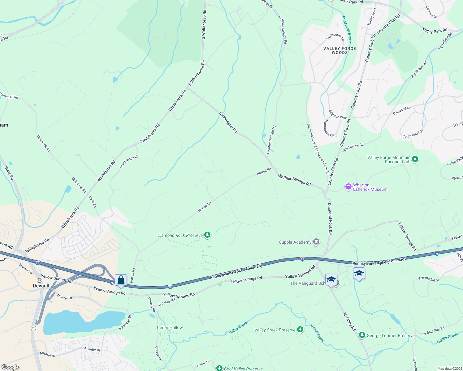 map of restaurants, bars, coffee shops, grocery stores, and more near 7 Spring Meadow Farm Lane in Malvern