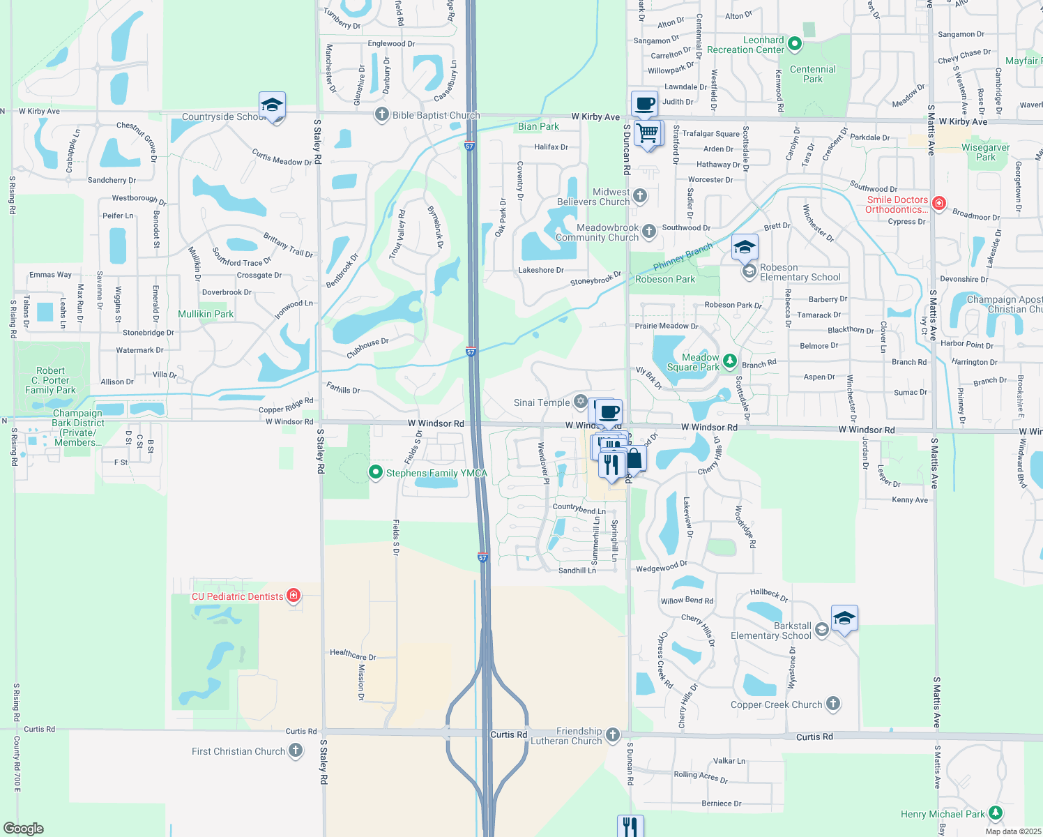 map of restaurants, bars, coffee shops, grocery stores, and more near 2302 Briar Hill Drive in Champaign