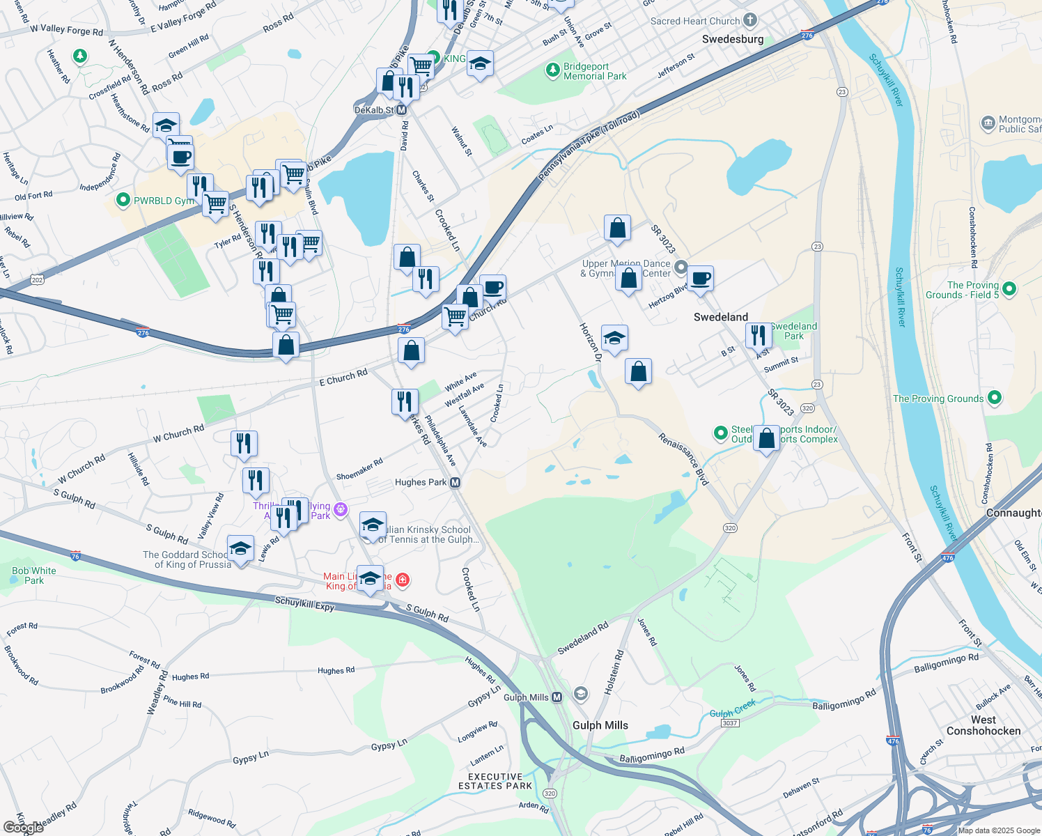 map of restaurants, bars, coffee shops, grocery stores, and more near 280 Lawndale Avenue in King of Prussia