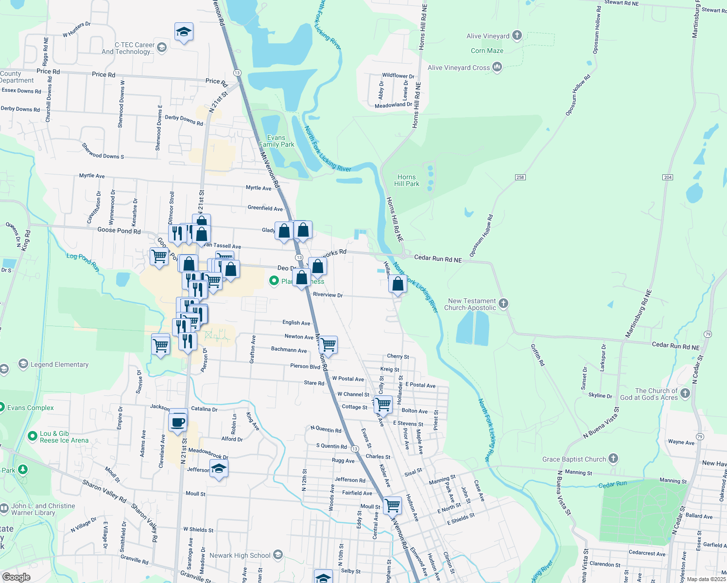 map of restaurants, bars, coffee shops, grocery stores, and more near 124 Riverview Drive in Newark
