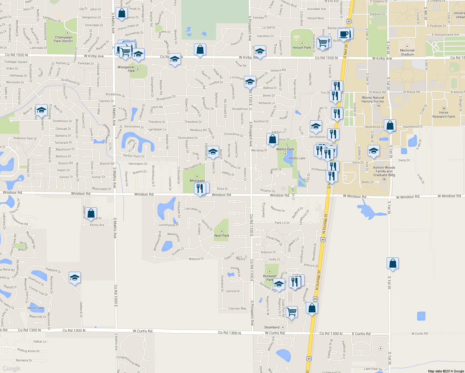 map of restaurants, bars, coffee shops, grocery stores, and more near 2306 Lynwood Dr in Champaign