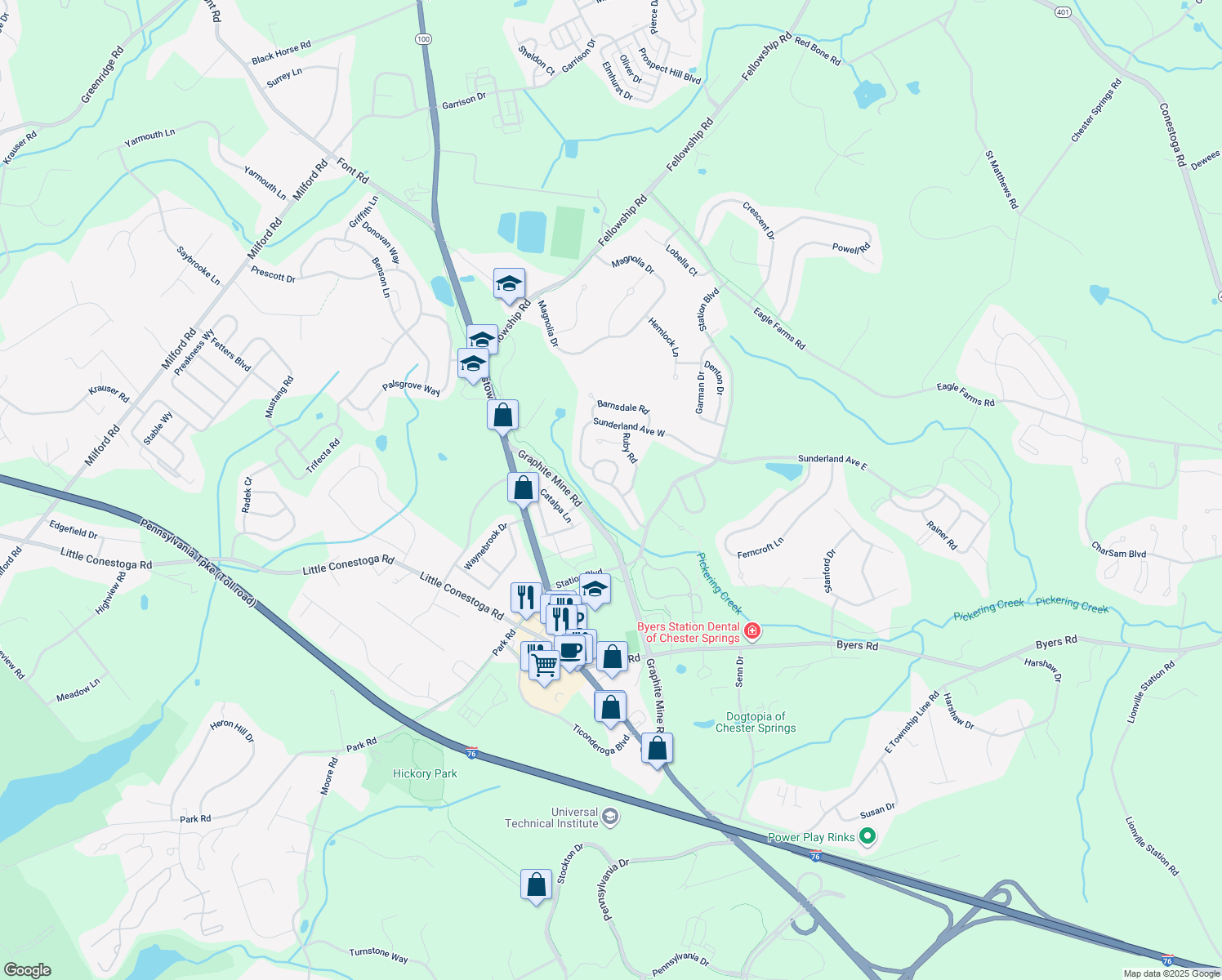 map of restaurants, bars, coffee shops, grocery stores, and more near 325 Dartmouth Road in Chester Springs