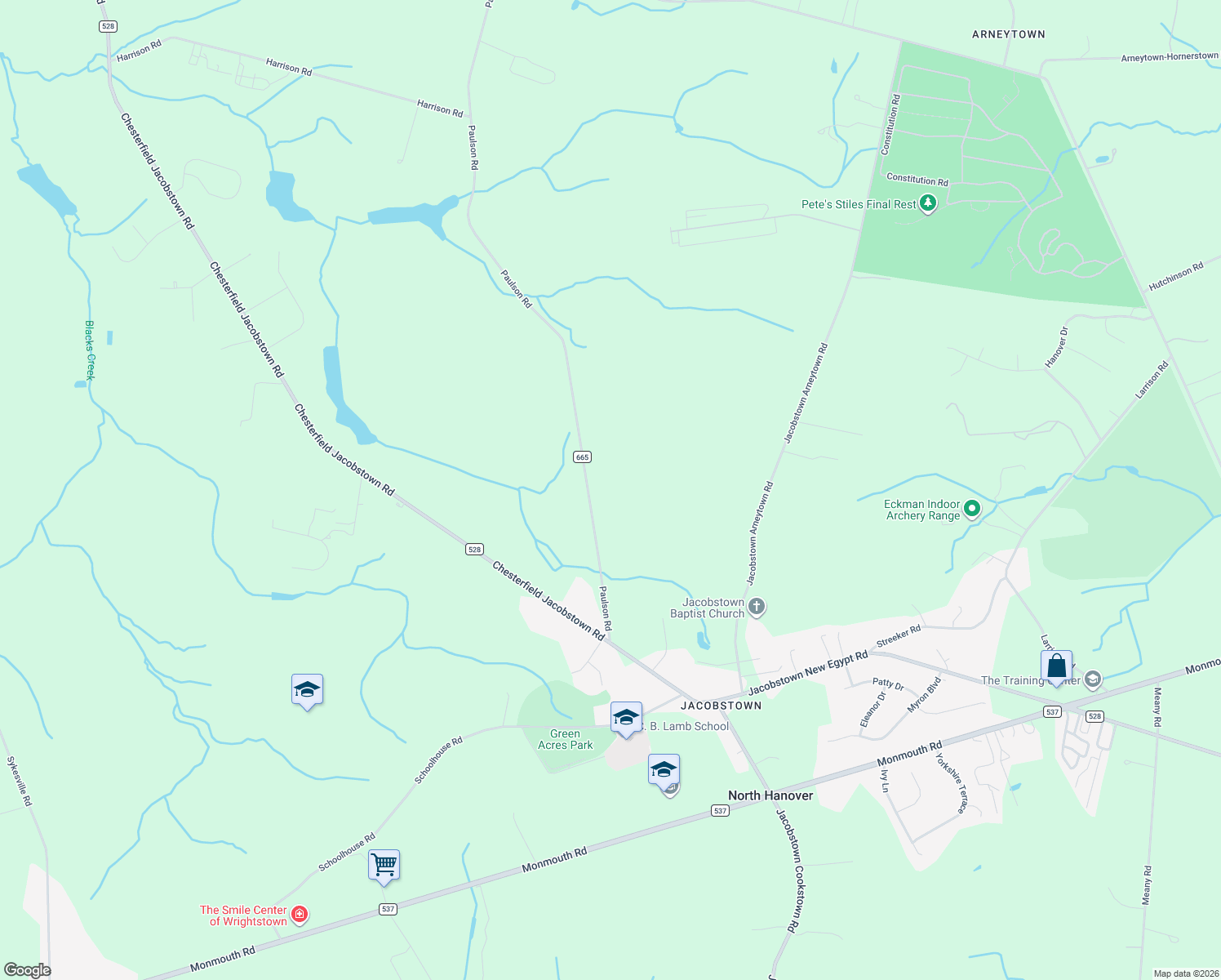 map of restaurants, bars, coffee shops, grocery stores, and more near 83 Paulson Road in Wrightstown