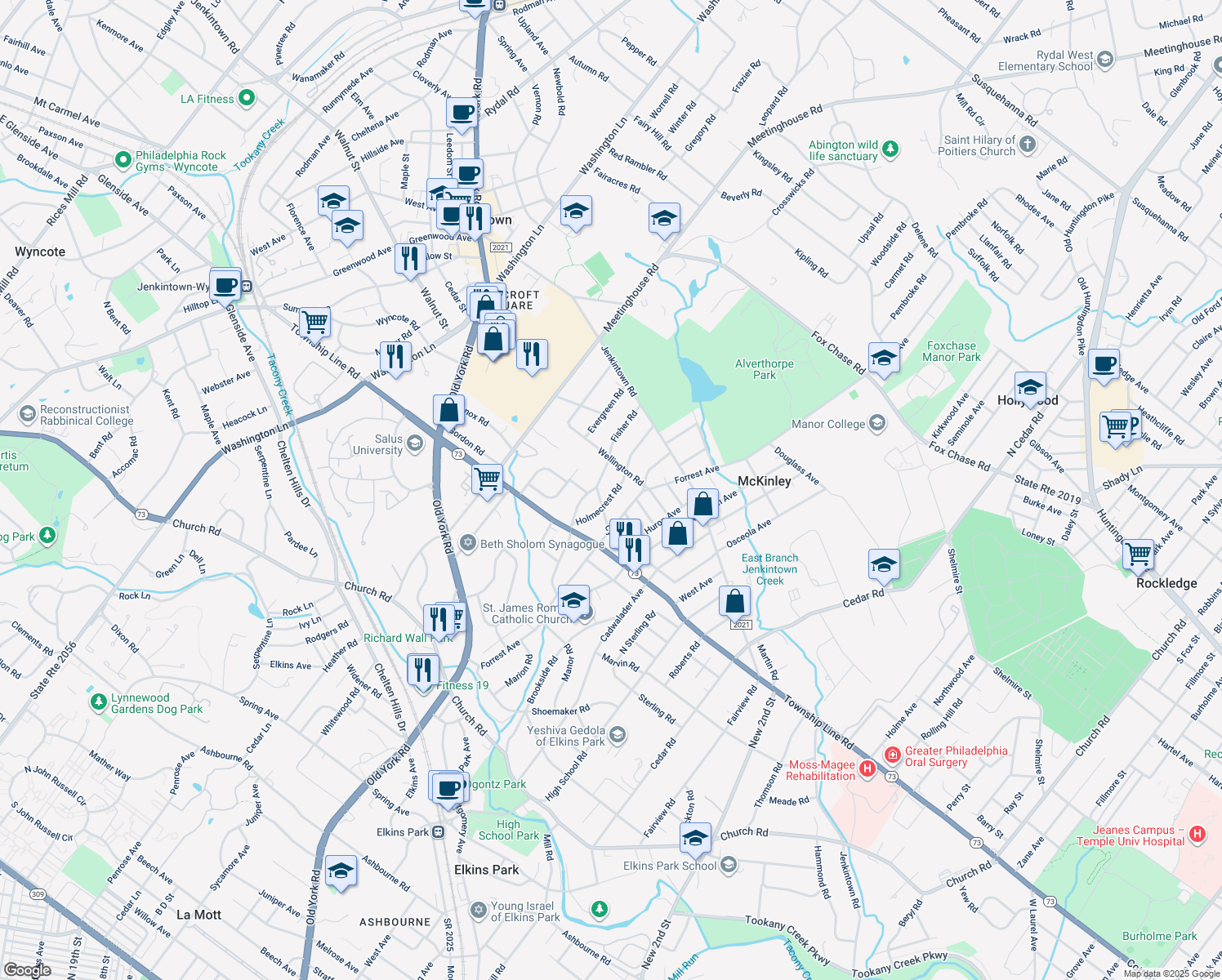 map of restaurants, bars, coffee shops, grocery stores, and more near 216 Holmecrest Road in Jenkintown