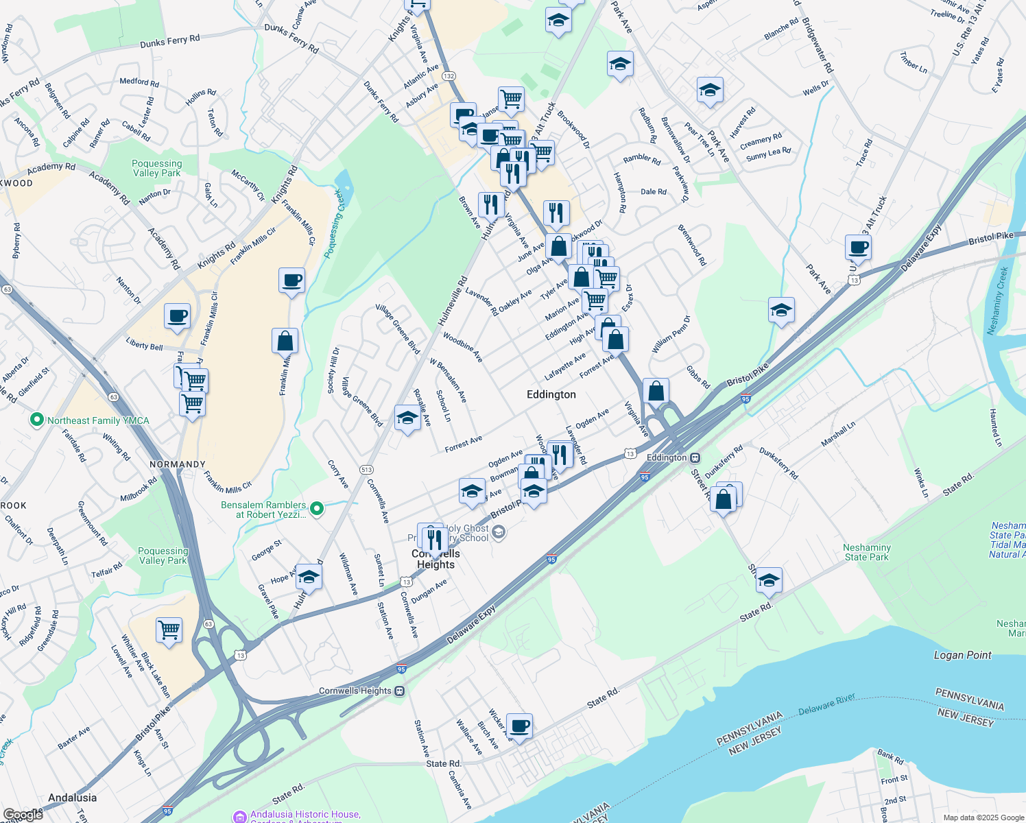 map of restaurants, bars, coffee shops, grocery stores, and more near 1319 Woodbine Avenue in Bensalem