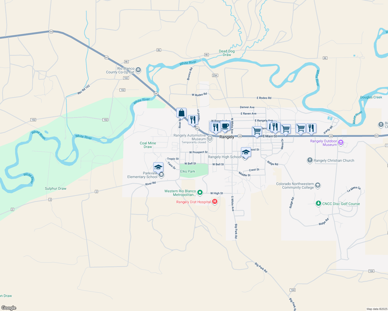 map of restaurants, bars, coffee shops, grocery stores, and more near 208 Morrison Avenue in Rangely