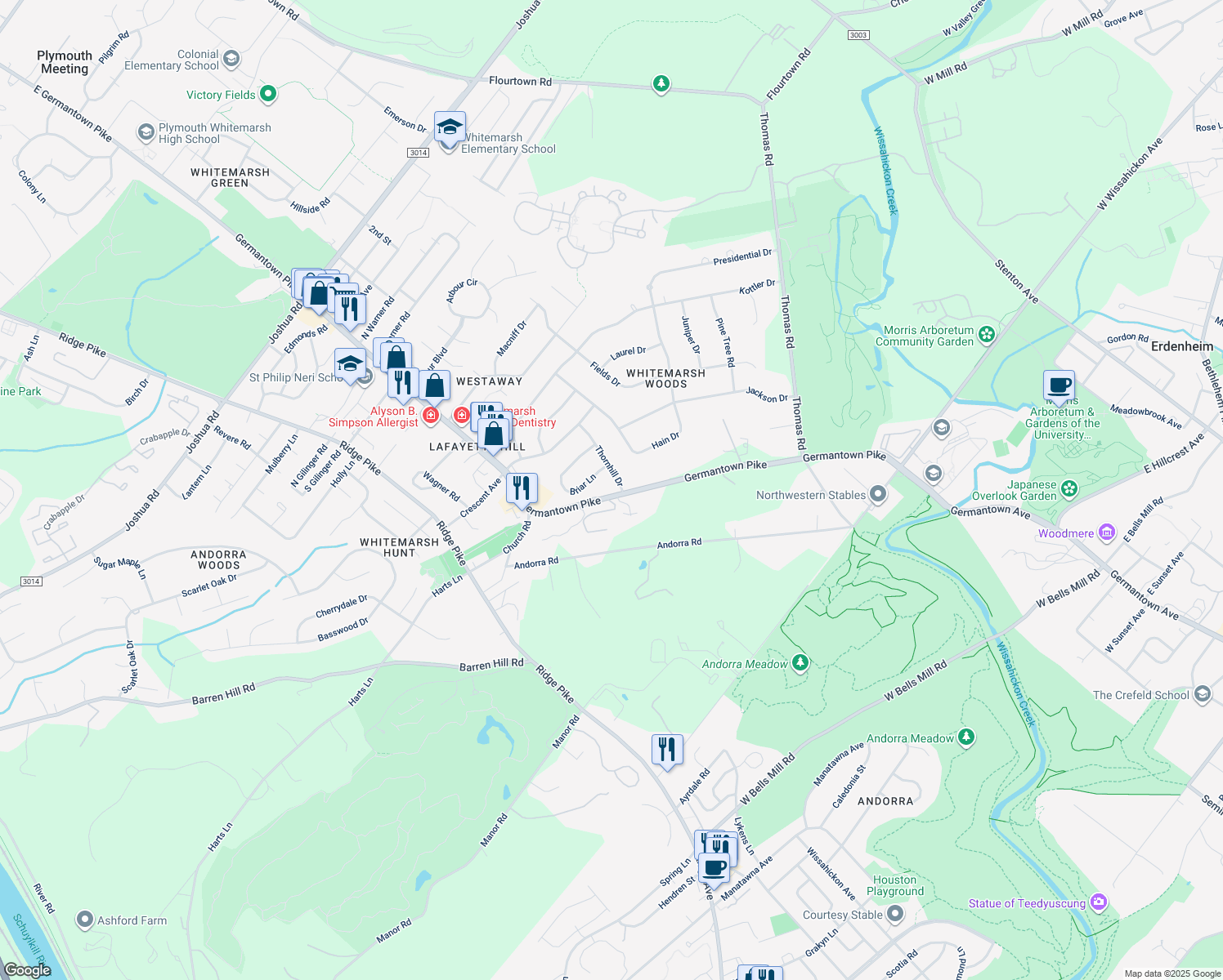 map of restaurants, bars, coffee shops, grocery stores, and more near 715 Germantown Pike in Lafayette Hill