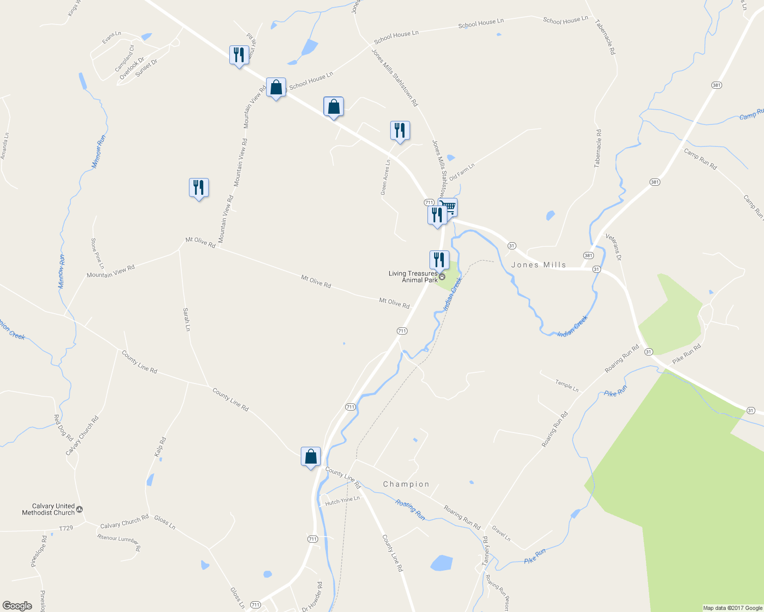 map of restaurants, bars, coffee shops, grocery stores, and more near 252 Mount Olive Road in Champion