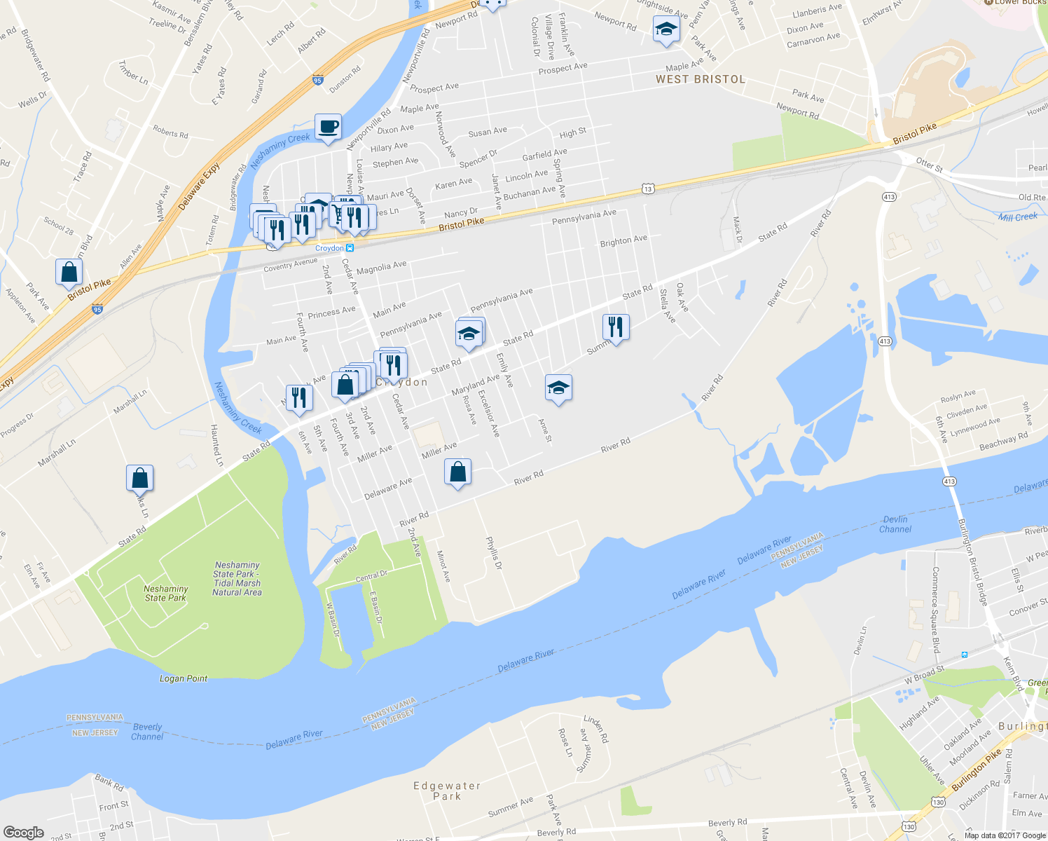 map of restaurants, bars, coffee shops, grocery stores, and more near 1010 Emily Avenue in Croydon