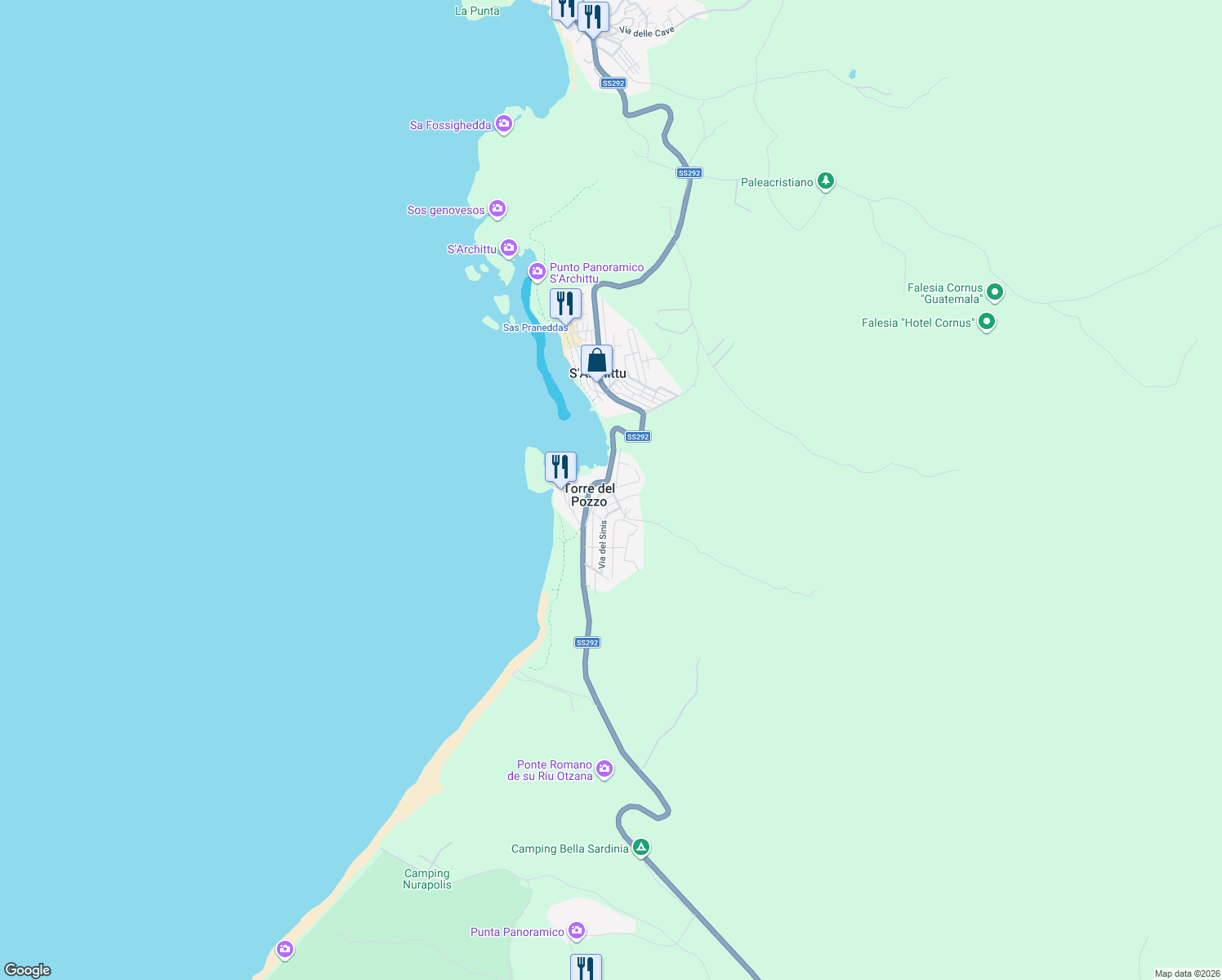 map of restaurants, bars, coffee shops, grocery stores, and more near 3 Strada Statale 292 Nord Occidentale Sarda in S'Archittu