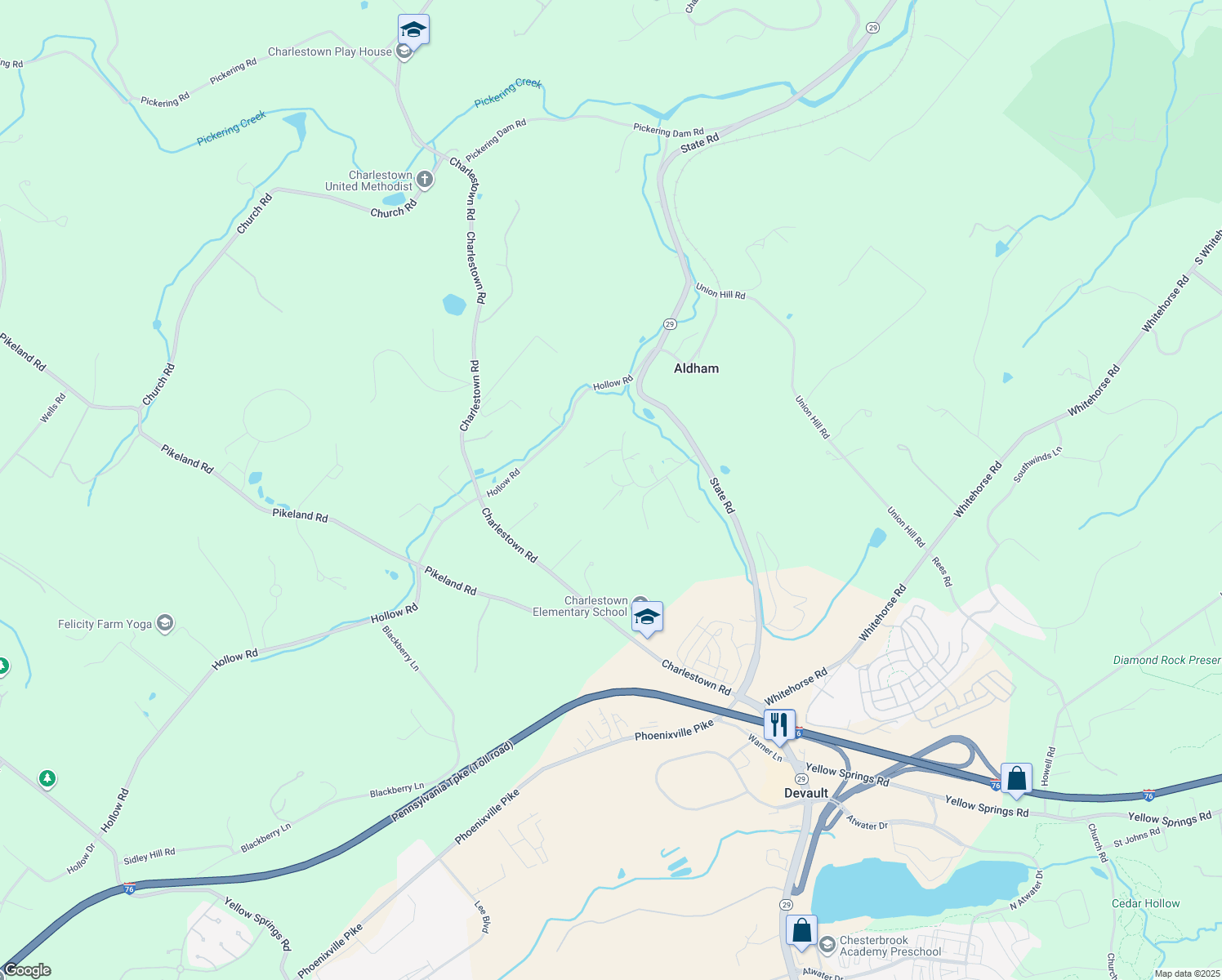 map of restaurants, bars, coffee shops, grocery stores, and more near 23 Theresa Drive in Malvern