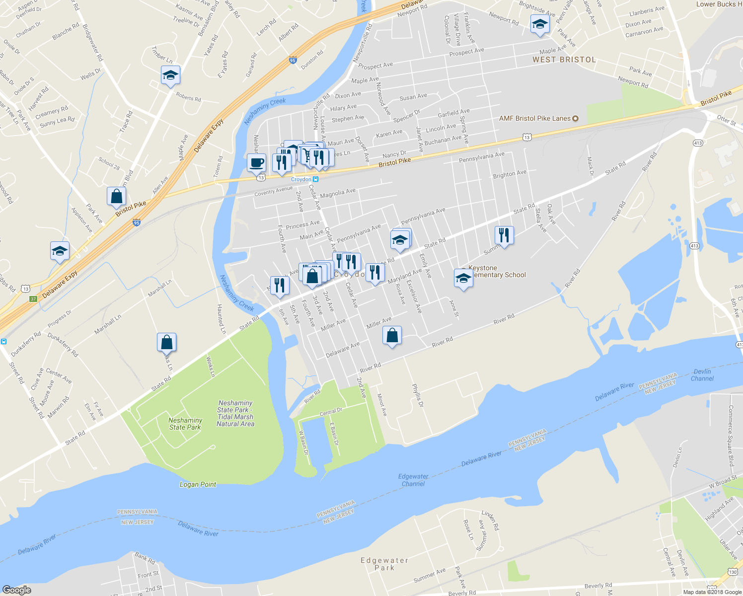map of restaurants, bars, coffee shops, grocery stores, and more near 912 Ray Avenue in Croydon