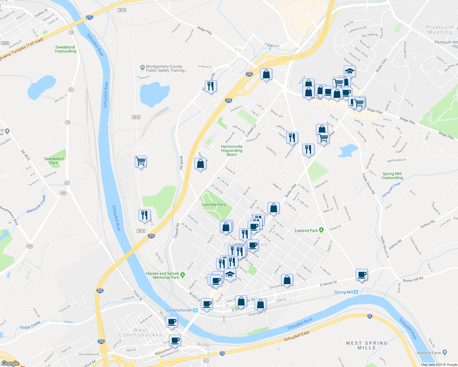 map of restaurants, bars, coffee shops, grocery stores, and more near 1100 Freedly Street in Conshohocken