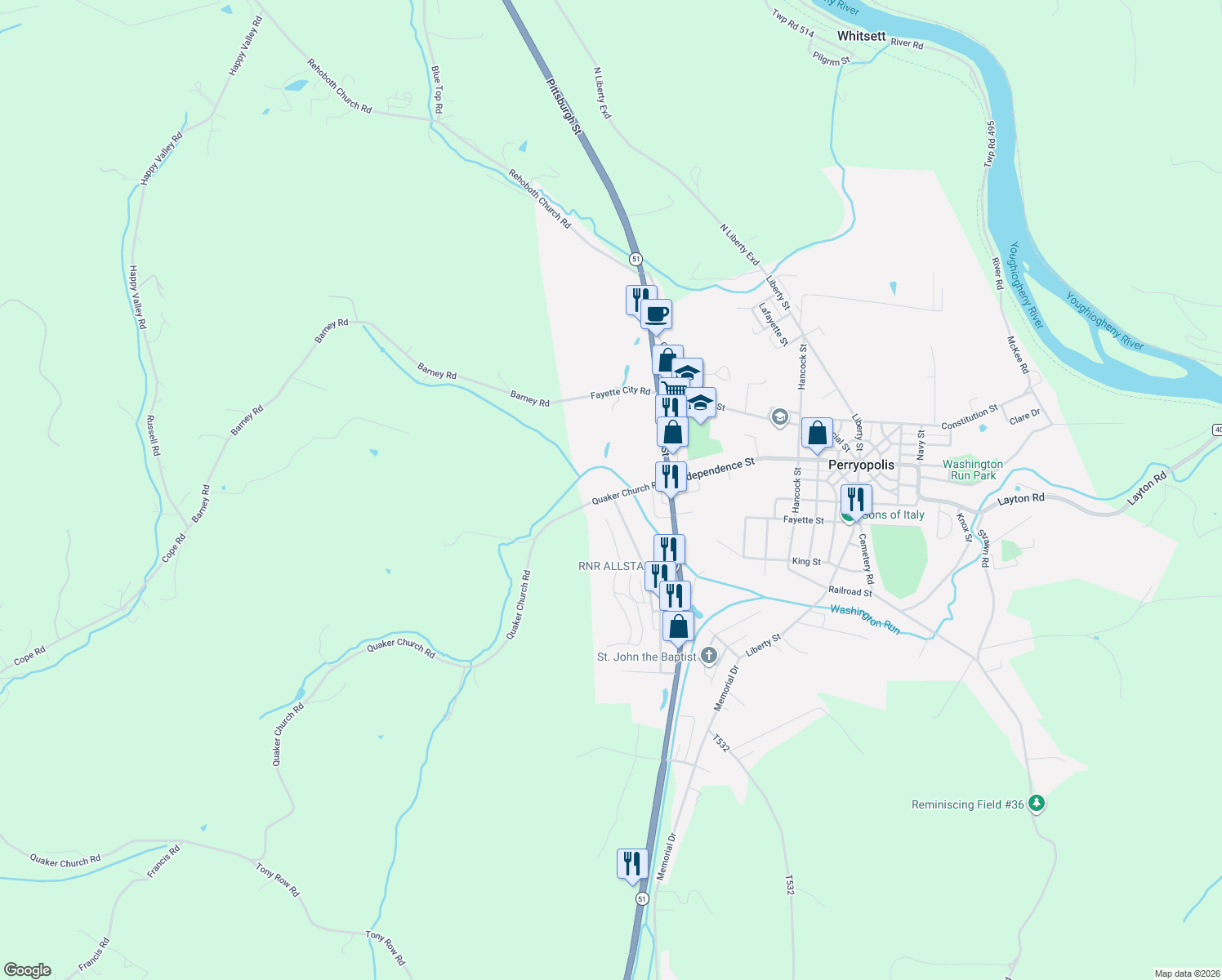 map of restaurants, bars, coffee shops, grocery stores, and more near 140 Quaker Church Rd in Perryopolis