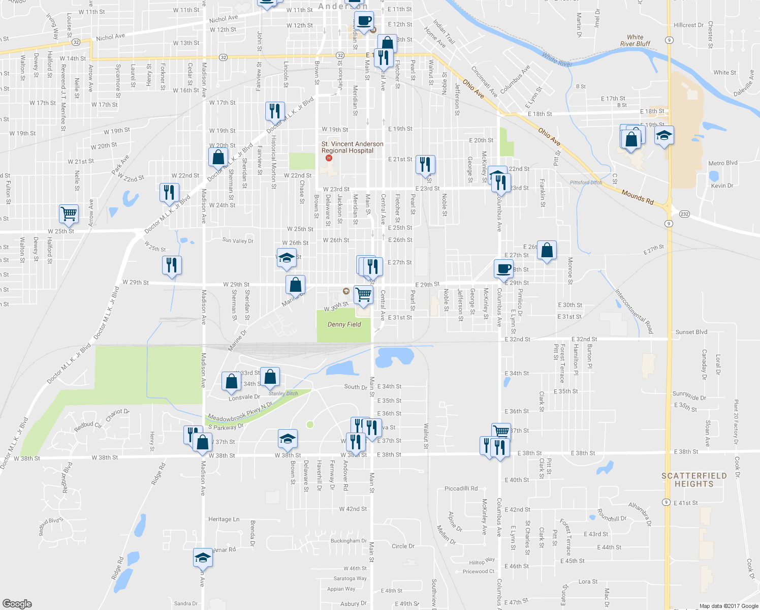map of restaurants, bars, coffee shops, grocery stores, and more near 3011 Central Avenue in Anderson